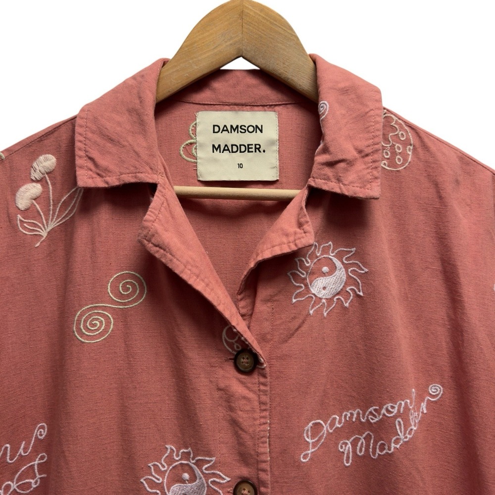 Damson Madder Women's Sz 10 Salmon Linen/Cotton Chloe Embroidered Camp Shirt Top